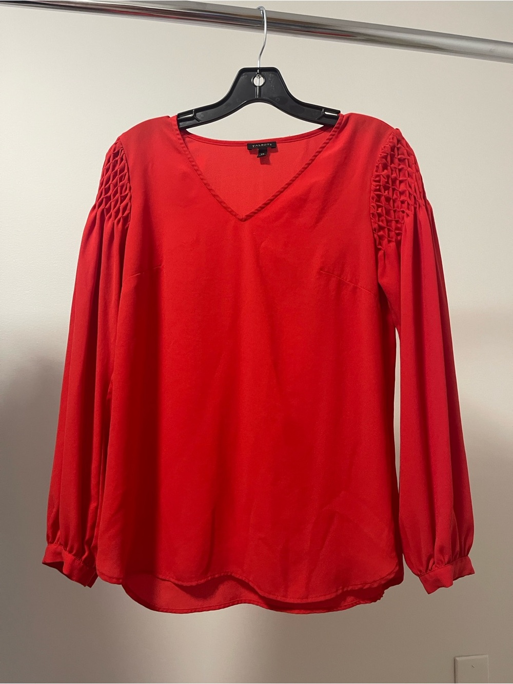 Talbots Red V-Neck Long Sleeve Blouse with Smocked Shoulders